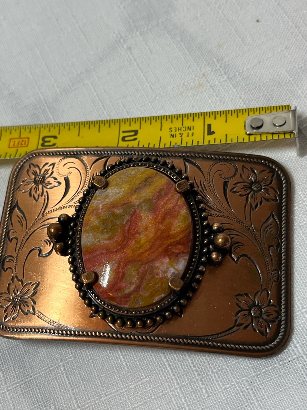 Vintage Copper-Tone Floral Belt Buckle with Marbled Stone - Picture 4 of 8